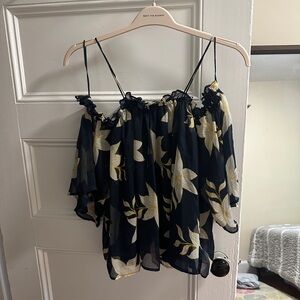 Mango Navy Floral off shoulder blouse